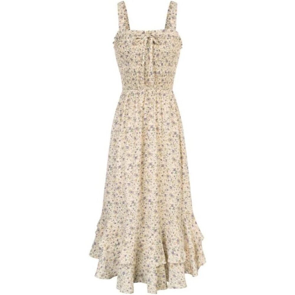 Women's 2024 Summer Floral Boho Dress Square Neck Strapped Swing A Line Beach Lo